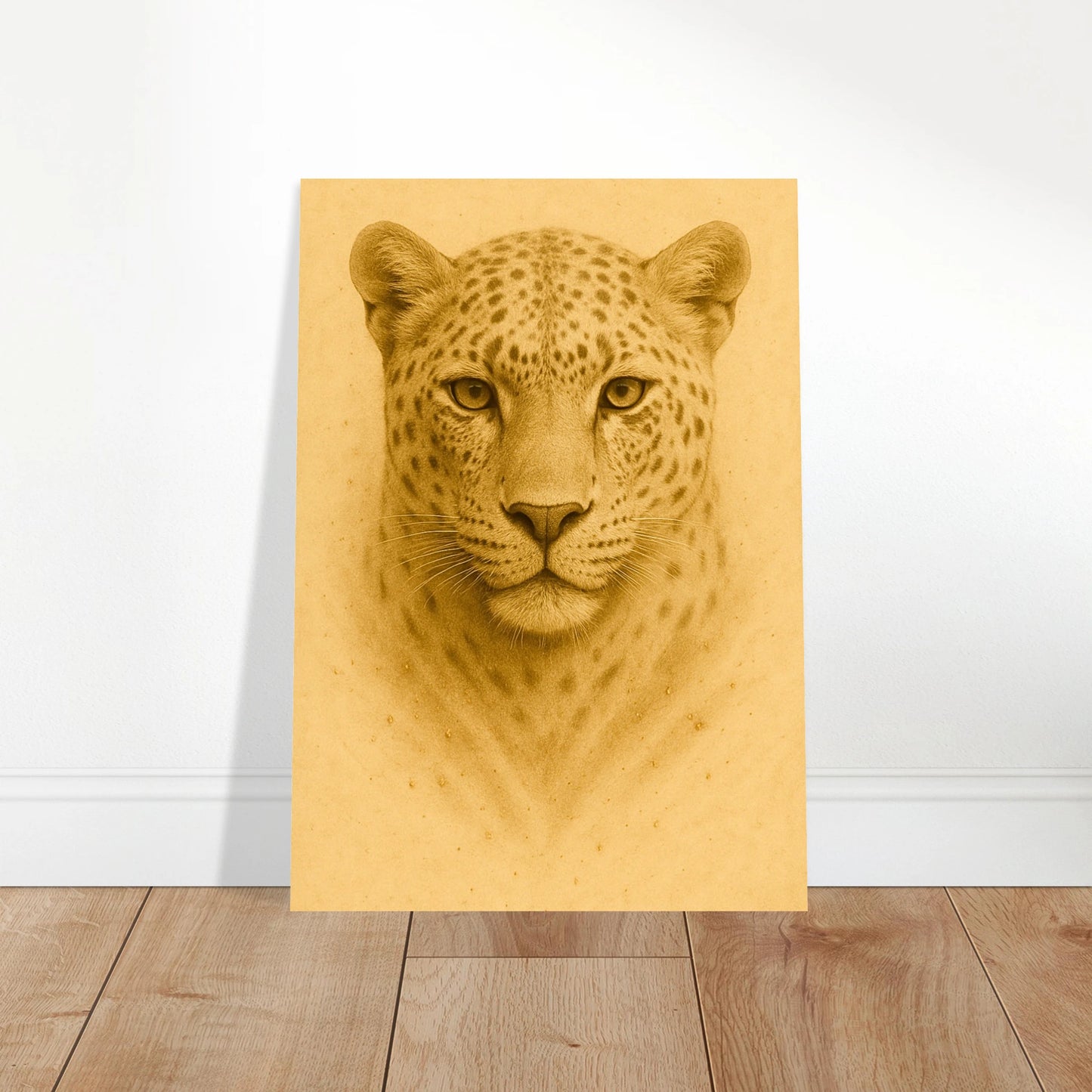 Golden Focus Poster – goldener Leopard als Wanddeko im hellen modernen Wohnzimmer