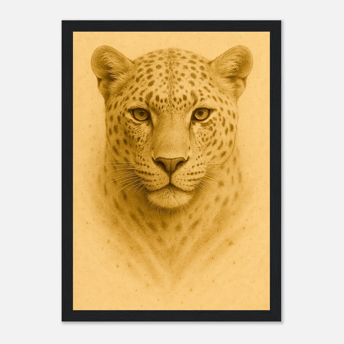 Golden Focus Leopard Poster mit schwarzem Holzrahmen – luxuriöses Tiermotiv in goldener Optik.