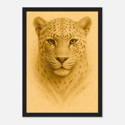 Golden Focus Leopard Poster mit schwarzem Holzrahmen – luxuriöses Tiermotiv in goldener Optik.