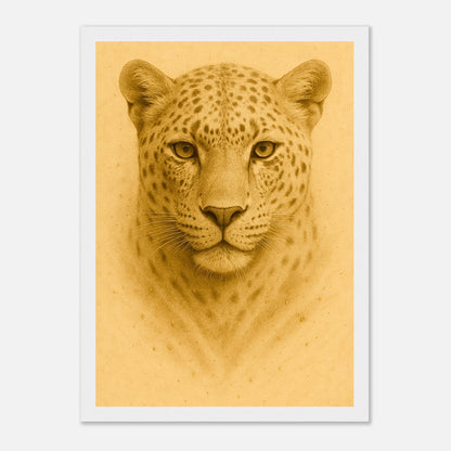 Golden Focus Leopard Poster mit weißem Holzrahmen – edle goldene Wandkunst für modernes Interior.