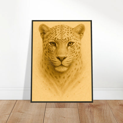 Golden Focus Poster an die Wand gelehnt – goldener Leopard im schwarzen Metallrahmen, luxuriöse Wandkunst für moderne Interieurs.