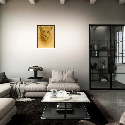 Golden Focus Poster im modernen Wohnzimmer – goldener Leopard setzt luxuriösen Akzent auf dunkler Wand, schwarzer Metallrahmen.