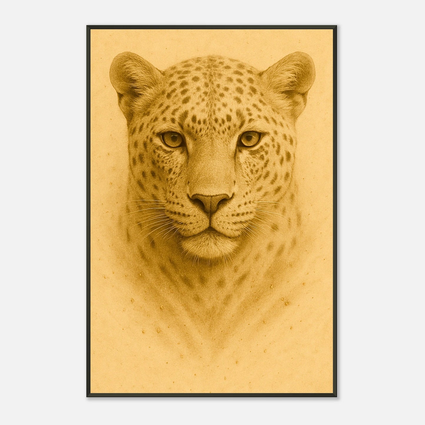 Seitliche Ansicht des Golden Focus Posters – goldener Leopard in elegantem schwarzen Metallrahmen, detailreiches Kunstwerk.