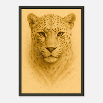 Schrägansicht des Golden Focus Posters – goldener Leopard mit sanften Lichtreflexen auf dem schwarzen Metallrahmen.