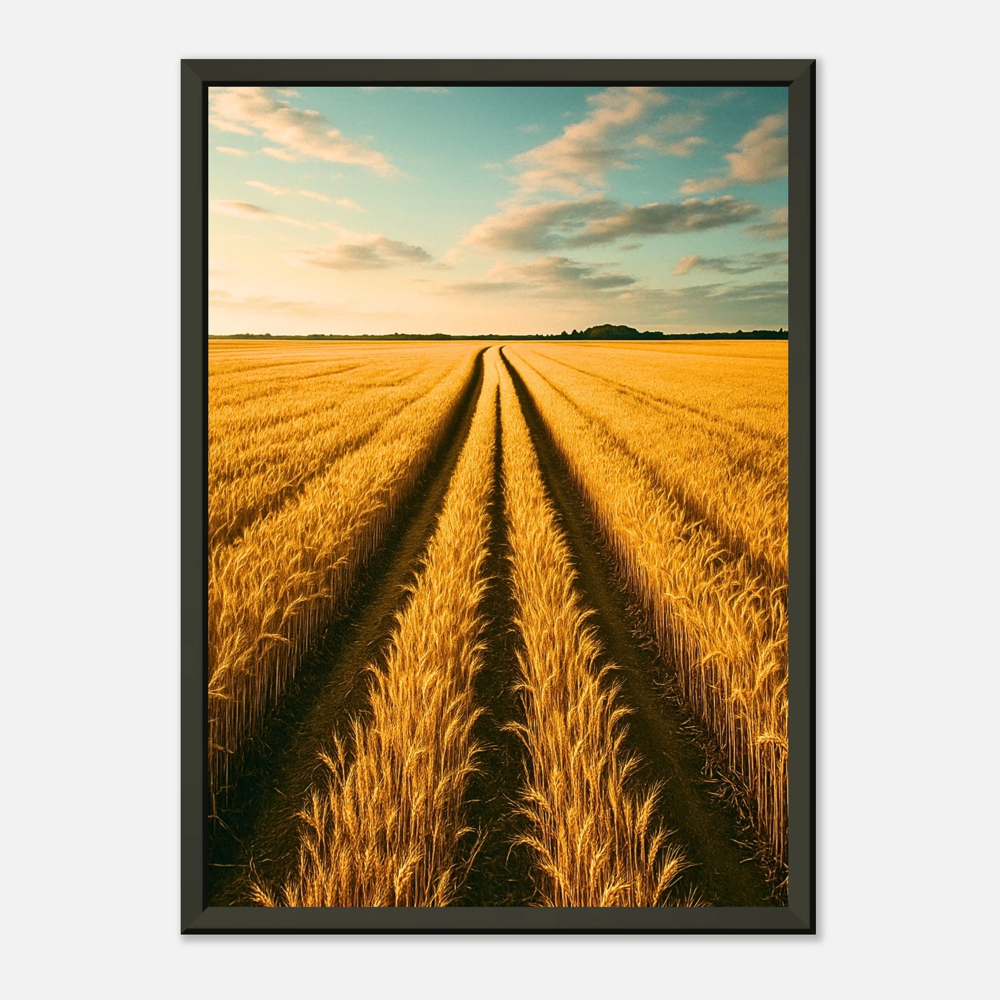 Golden Horizon Poster mit sanftem Lichtreflex im schwarzen Metallrahmen – warmes Sonnenlicht über dem Feld erzeugt Tiefe und Natürlichkeit.
