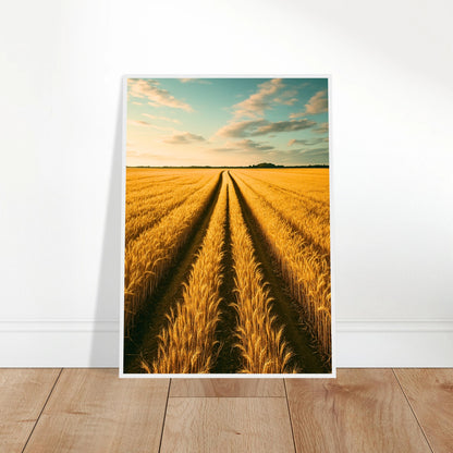 Golden Horizon Poster ohne Rahmen – Sonnenuntergang über Weizenfeld als Wandbild, angelehnt an die Wand