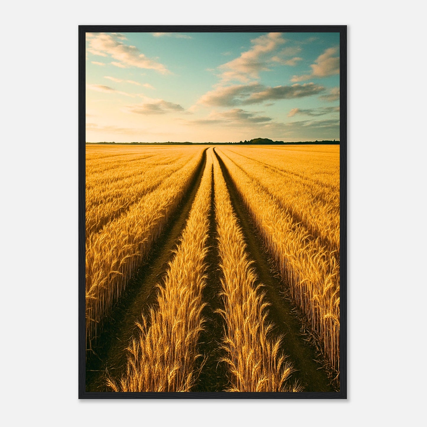 Golden Horizon Poster im schwarzen Holzrahmen – elegantes Landschaftsbild mit goldenen Feldern und Sonnenuntergang
