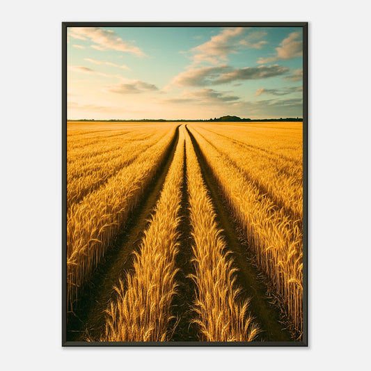 Golden Horizon Poster im schwarzen Metallrahmen – goldenes Weizenfeld im Sonnenlicht, warmes Sommerlicht und klare Linien für eine beruhigende Raumwirkung, Kunstdruck von Defa Designs.