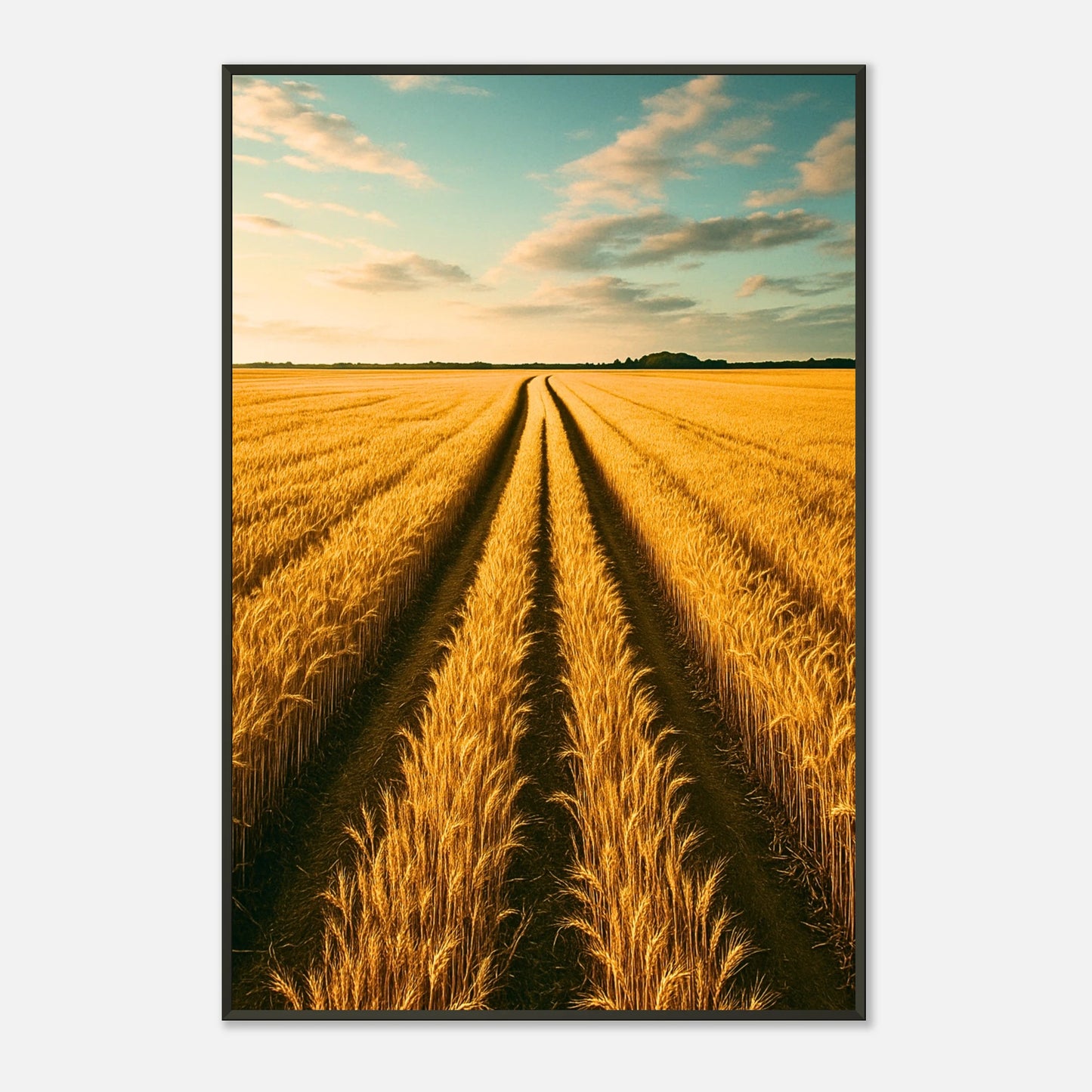 Golden Horizon Poster in Seitenansicht – eleganter schwarzer Metallrahmen mit feinem Glanz, goldenes Weizenfeld unter blauem Himmel.
