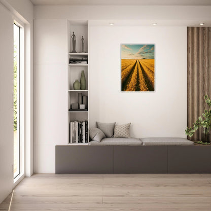 Golden Horizon Poster mit Sonnenuntergang über Weizenfeld – stilvolle Wanddekoration im modernen Wohnzimmer