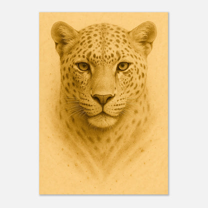Golden Focus Poster mit Leopardenkopf – auf hellem Holzuntergrund platziert