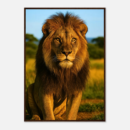 Golden Majesty Löwen Poster mit dunkelbraunem Holzrahmen – edles Löwenmotiv für moderne Wohnräume.