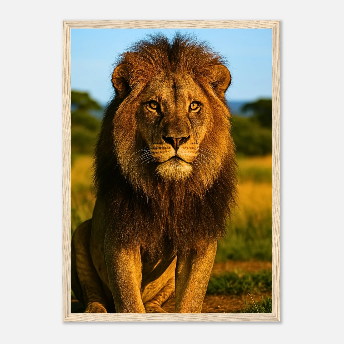 Golden Majesty Löwen Poster mit hellbraunem Holzrahmen – stilvolle Tierkunst in warmen Goldtönen.