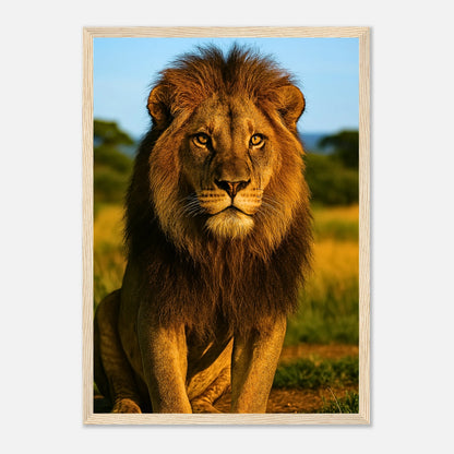 Golden Majesty Löwen Poster mit hellbraunem Holzrahmen – stilvolle Tierkunst in warmen Goldtönen.