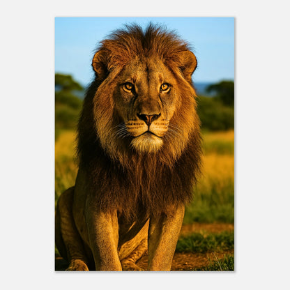Golden Majesty Poster – majestätischer Löwe im goldenen Licht der Savanne als edle Wandkunst