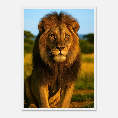 Golden Majesty Löwen Poster mit weißem Holzrahmen – majestätischer Löwe als edles Wandbild in goldenen Farbtönen.