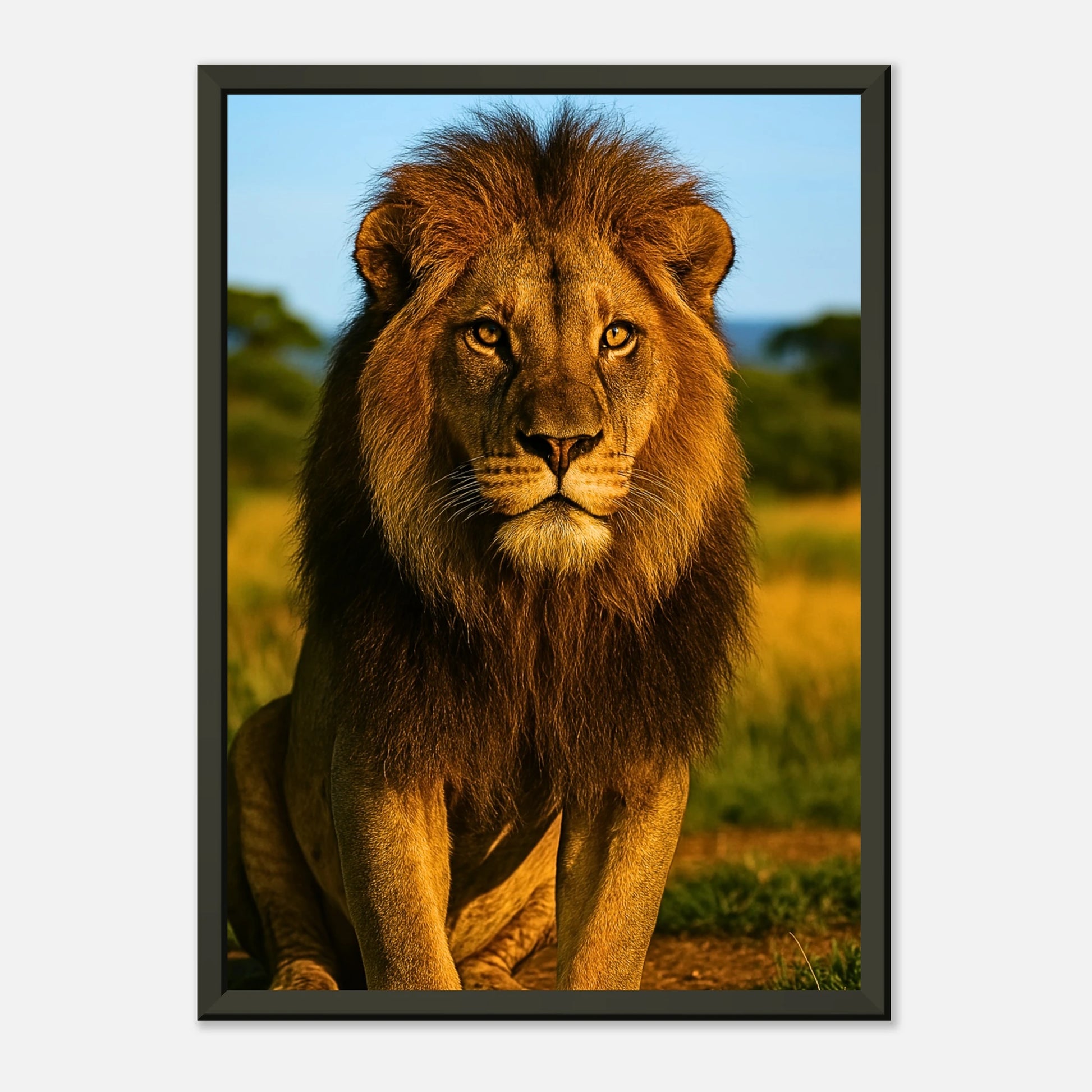 Detailansicht des Golden Majesty – The Lion Posters: feine Fellstruktur, satte Farben und hochwertige Druckqualität im schwarzen Metallrahmen.