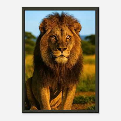 Detailansicht des Golden Majesty – The Lion Posters: feine Fellstruktur, satte Farben und hochwertige Druckqualität im schwarzen Metallrahmen.