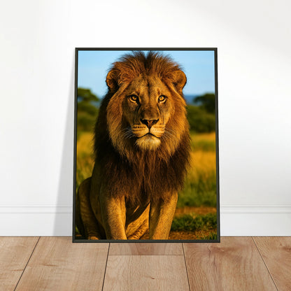 Golden Majesty – The Lion Poster angelehnt an die Wand, majestätische Löwenkunst mit warmem Licht im schwarzen Metallrahmen.