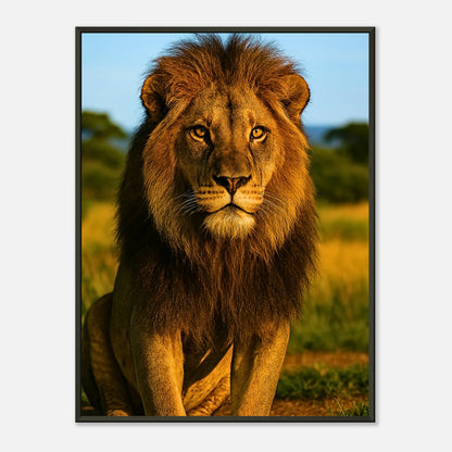 Golden Majesty – The Lion Poster mit majestätischem Löwen in goldener Savanne, im schwarzen Metallrahmen – edle Tierkunst von Defa Designs.