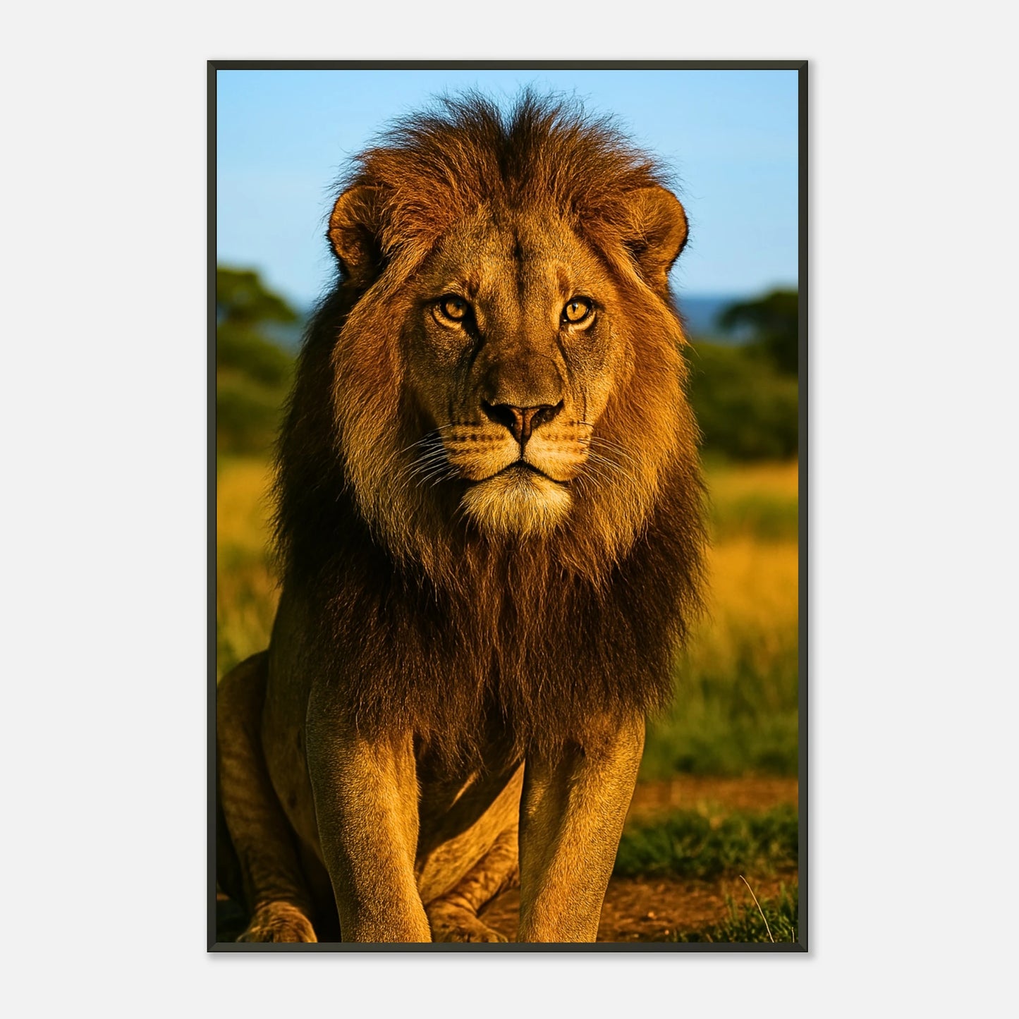 Seitliche Ansicht des Golden Majesty – The Lion Posters mit Löwenporträt in warmem Sonnenlicht im eleganten schwarzen Metallrahmen.