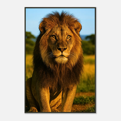 Seitliche Ansicht des Golden Majesty – The Lion Posters mit Löwenporträt in warmem Sonnenlicht im eleganten schwarzen Metallrahmen.