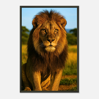 Schrägansicht des Golden Majesty – The Lion Posters mit kraftvollem Blick des Löwen, goldene Savanne, schwarzer Metallrahmen.