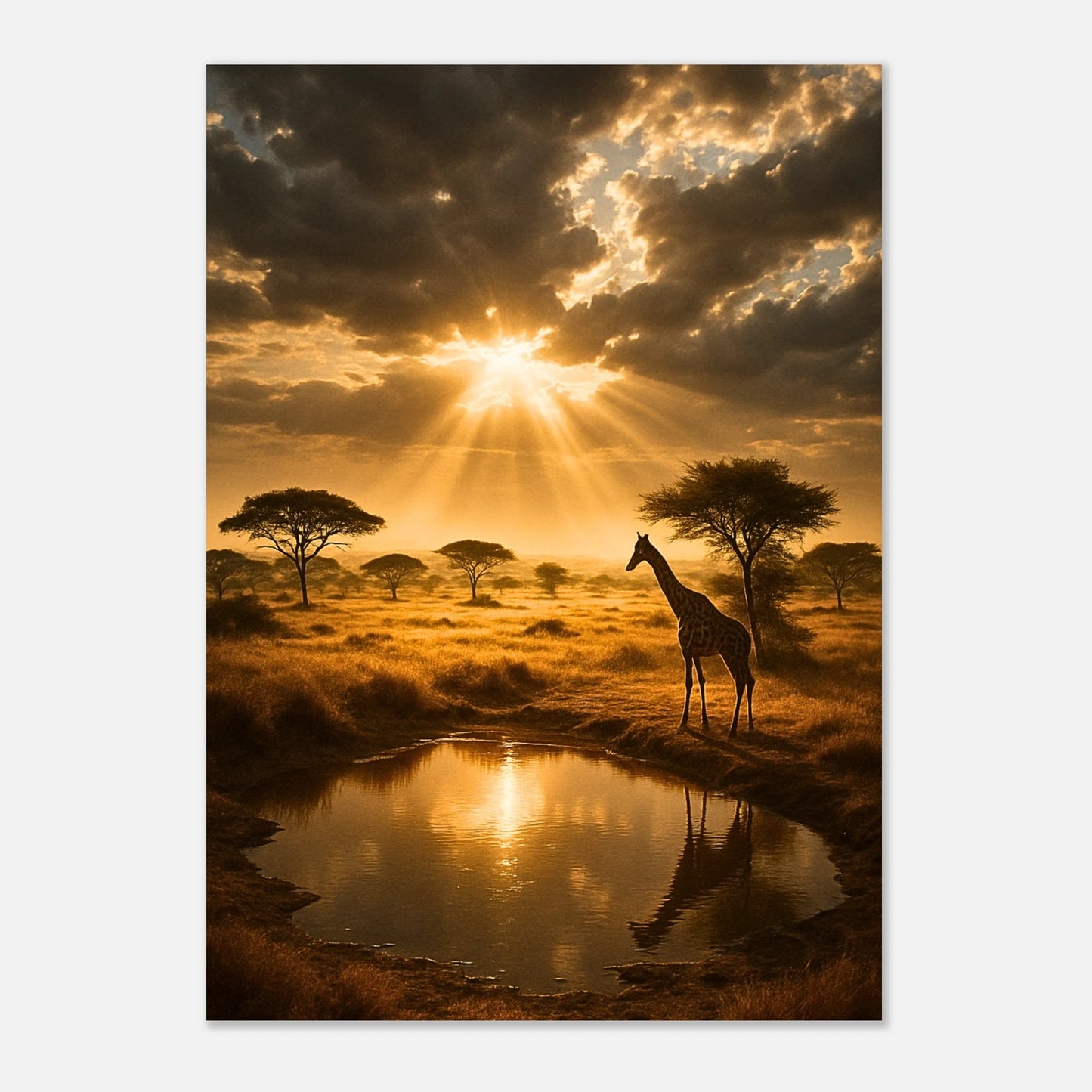 Golden Savannah African landscape art print – high quality matte finish poster with warm golden light and serene scenery.
