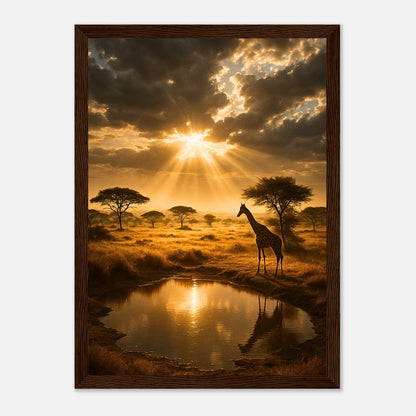 Golden Savannah African sunset wall decor – stunning nature photography print with warm golden tones and wooden frame.