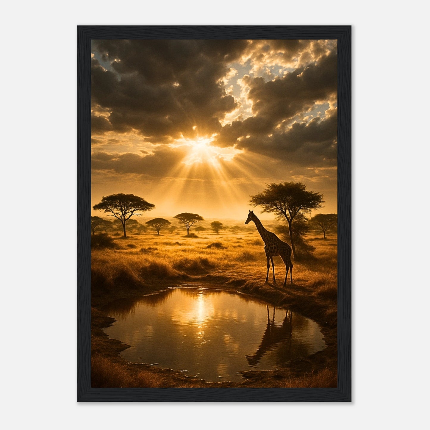 Golden Savannah African nature poster with wooden frame, elegant wall decor for dining room or restaurant interior.