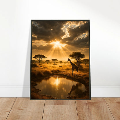 Golden Savannah Poster an die Wand gelehnt – edles Wandbild mit afrikanischer Savanne und Giraffen im Abendlicht, stilvolle Raumdekoration von Defa Designs.