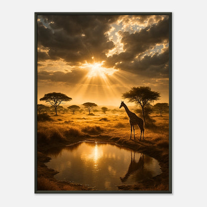 Golden Savannah Poster im schwarzen Rahmen – majestätische afrikanische Landschaft mit Giraffen im goldenen Sonnenlicht, elegantes Naturkunstwerk von Defa Designs.