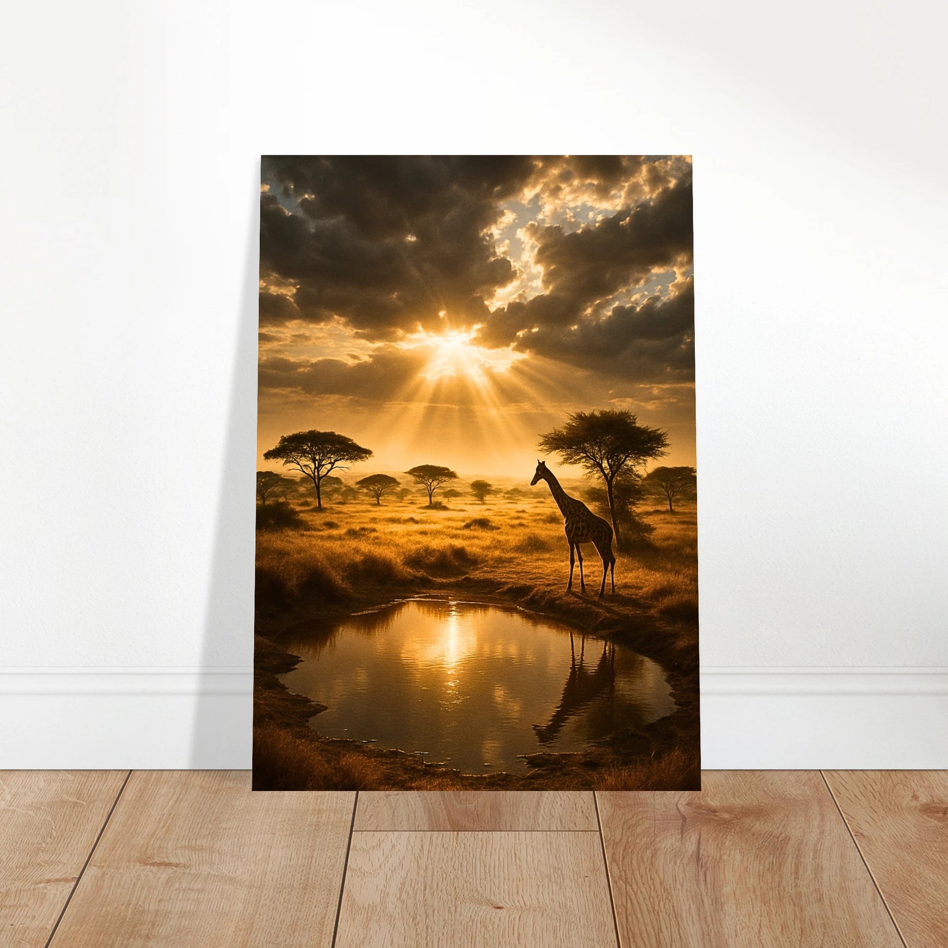 Golden Savannah wall art in modern living room – stylish African sunset poster with warm golden tones.
