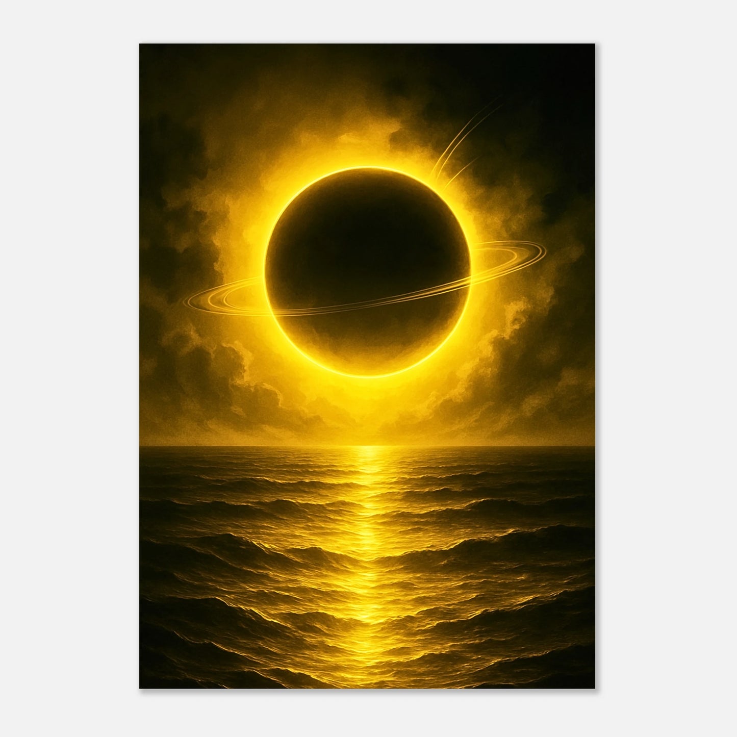 Golden Sea Poster – leuchtender Planet über goldenem Ozean, kosmische Wandkunst voller Magie