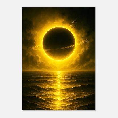 Golden Sea Poster – leuchtender Planet über goldenem Ozean, kosmische Wandkunst voller Magie