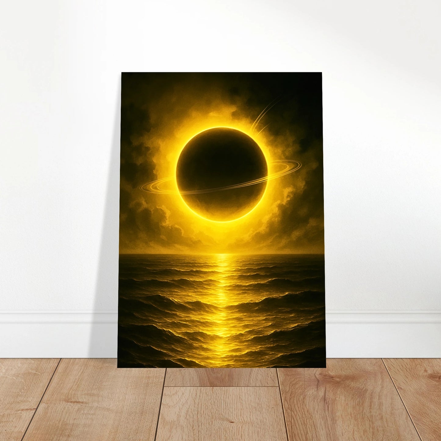 Golden Sea Poster – kosmisches Wandbild mit goldenem Meer und Planet, dekorative Kunst für Zuhause