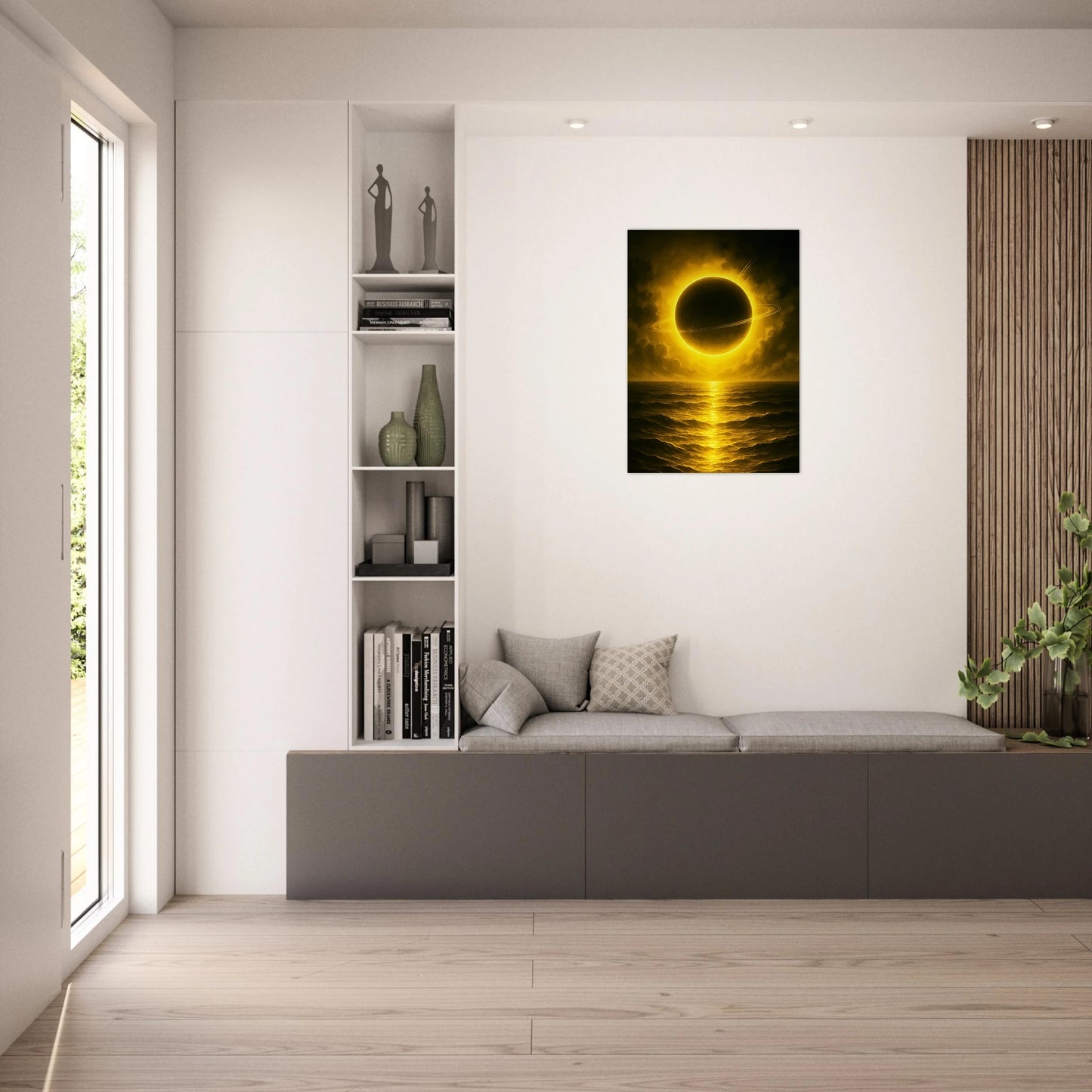 Golden Sea Poster im Wohnzimmer – kosmische Wandkunst mit Planet und goldenem Ozean
