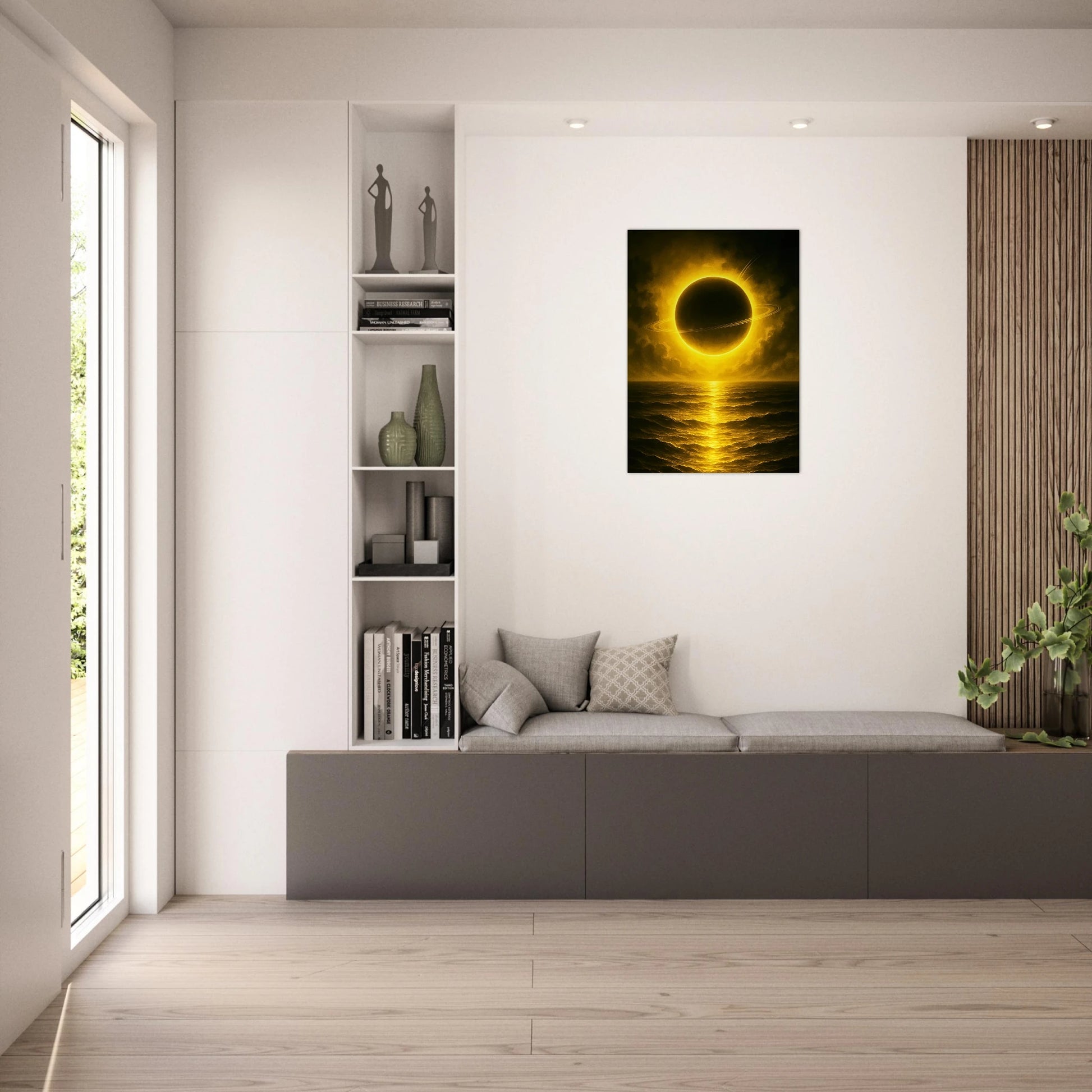 Golden Sea Poster im Wohnzimmer – kosmische Wandkunst mit Planet und goldenem Ozean

