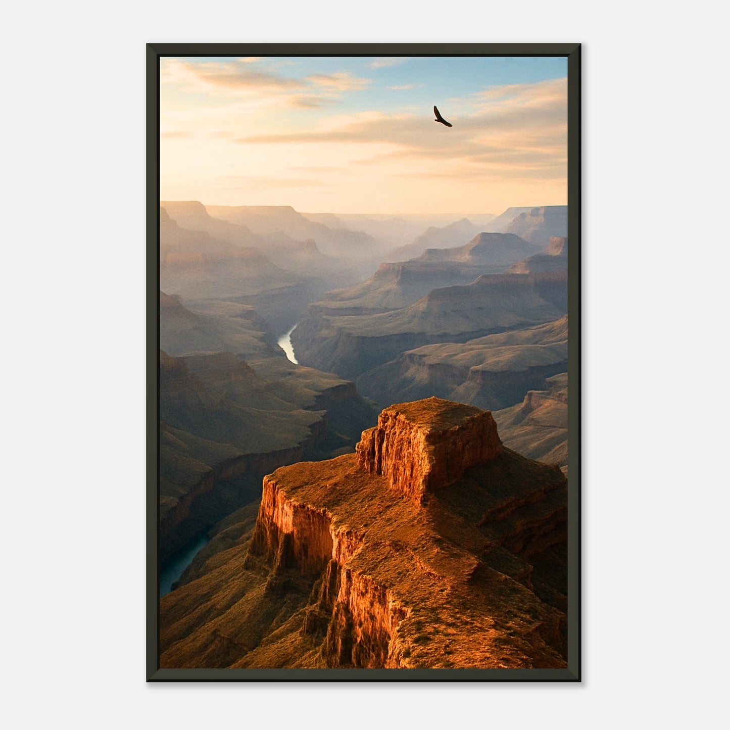 Detailansicht des Majesty Unbound Posters – goldene Sonnenstrahlen über den roten Felsen des Grand Canyon, hochwertiger Kunstdruck mit Tiefe und Wärme.