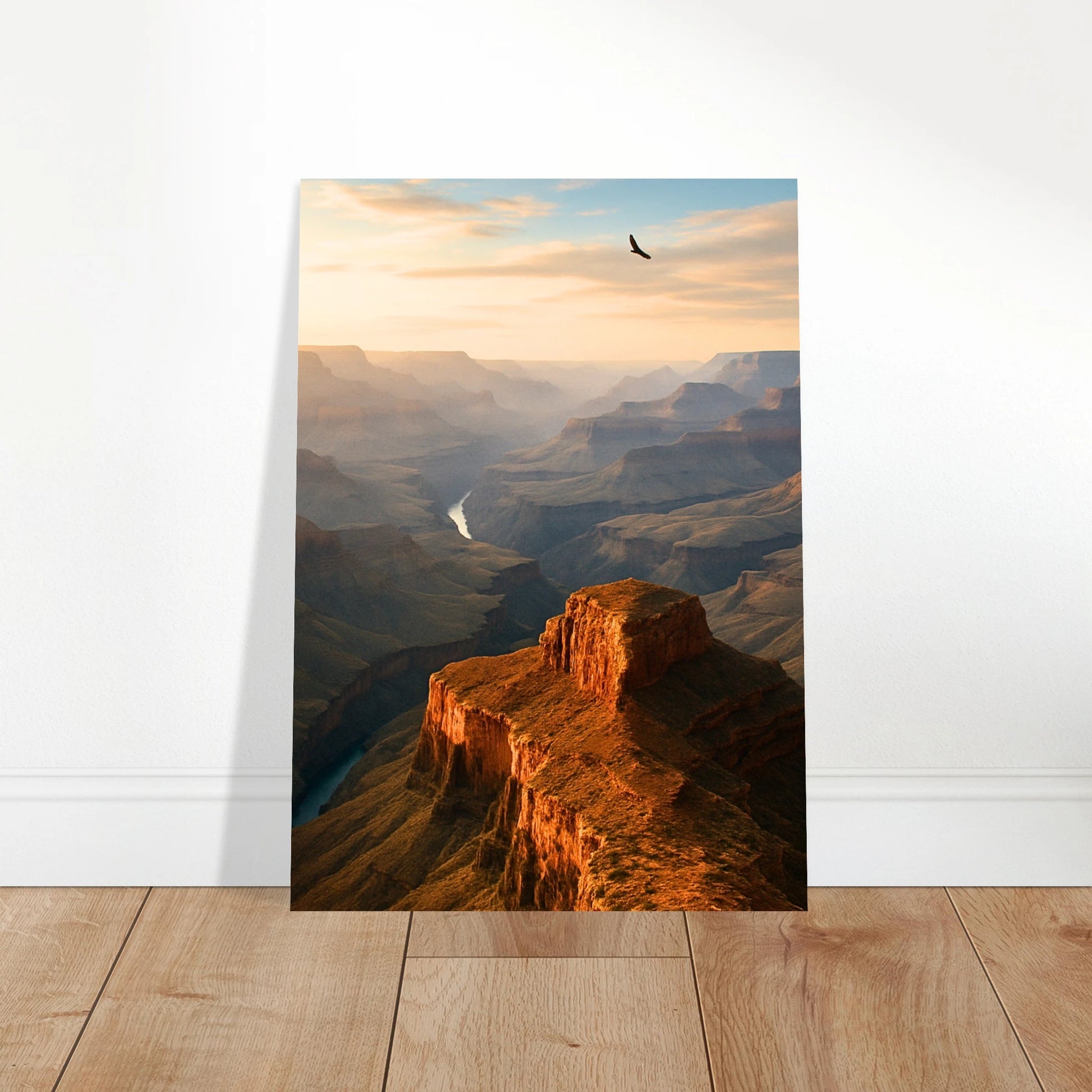 Grand Canyon Poster ohne Rahmen – angelehnt auf Holzboden für kreative Raumgestaltung im modernen Wohnstil