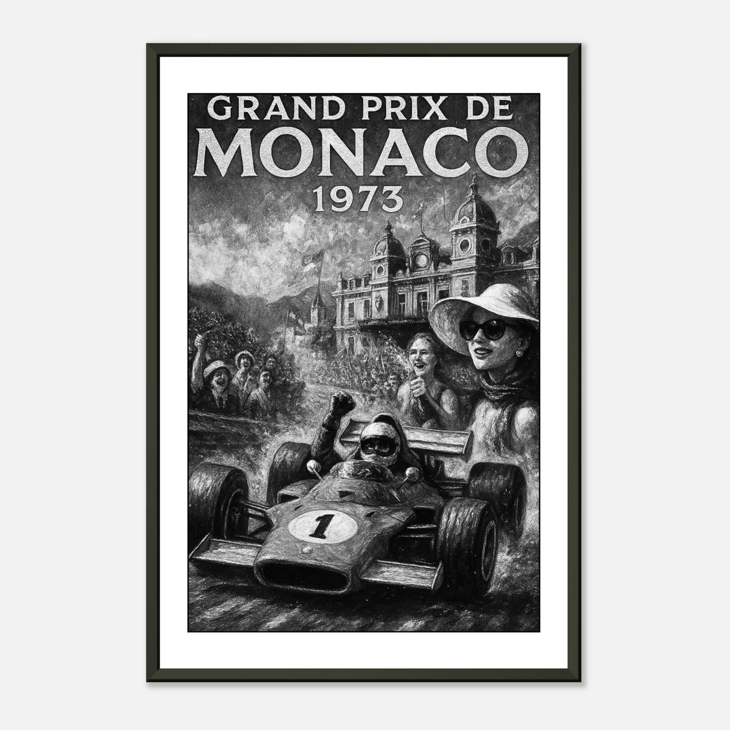 Grand Prix de Monaco 1973 Poster – Retro-Rennkunst im schwarzen Metallrahmen | Perfektes Geschenk für Formel-1- und Oldtimer-Fans | DEFA Designs