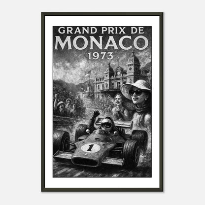 Grand Prix de Monaco 1973 Poster – Retro-Rennkunst im schwarzen Metallrahmen | Perfektes Geschenk für Formel-1- und Oldtimer-Fans | DEFA Designs
