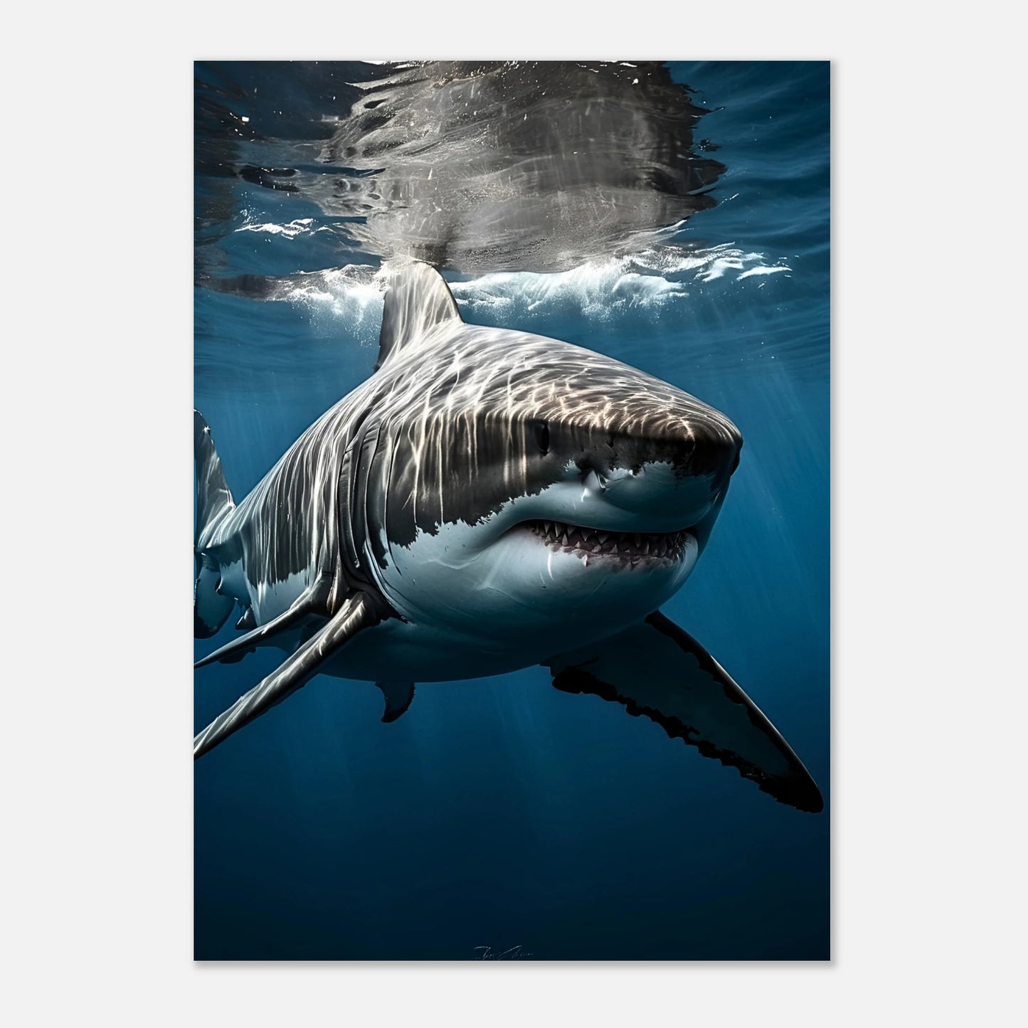 Nahaufnahme vom Depth Hunter Poster – detailreicher Weißer Hai im tiefblauen Wasser.