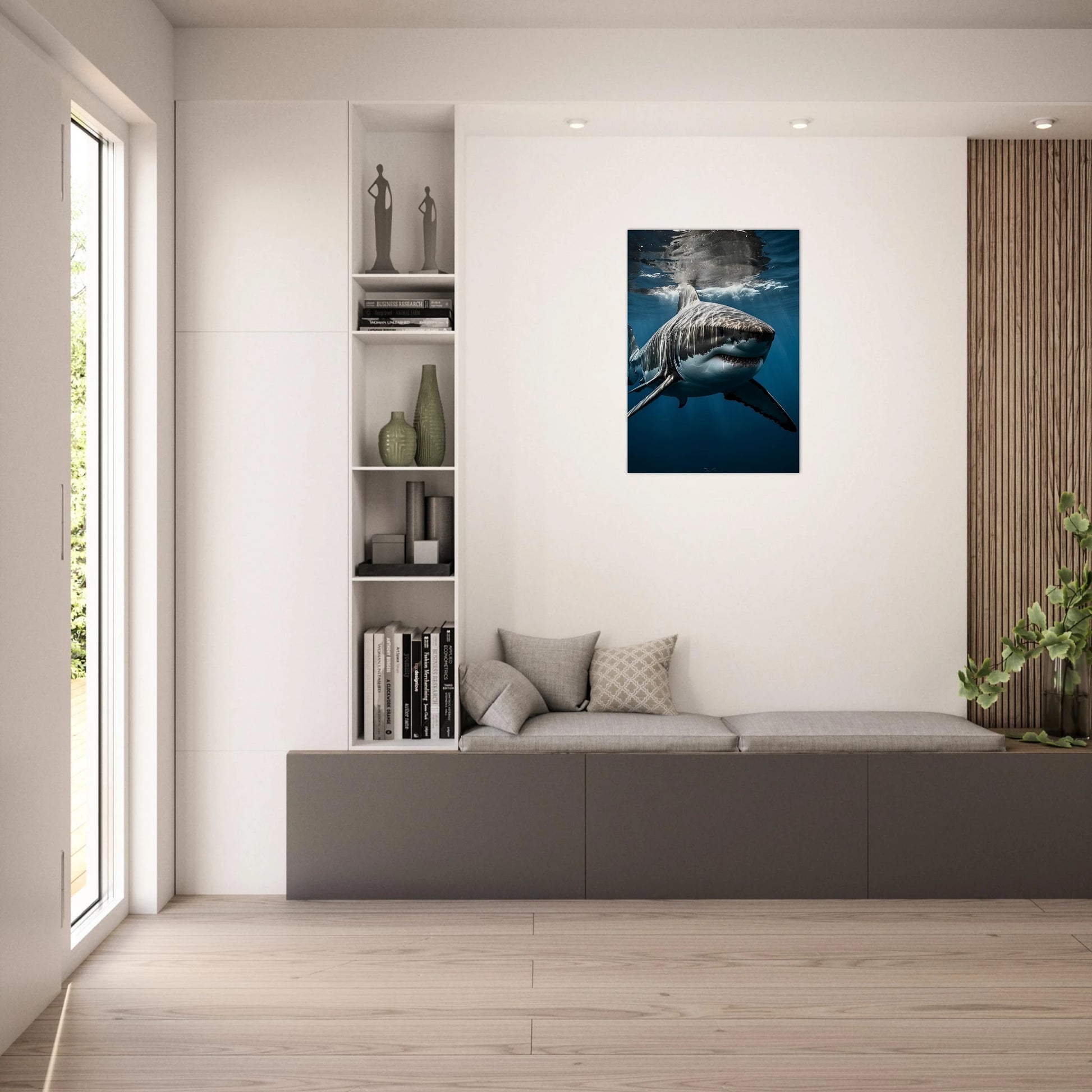 Depth Hunter Poster – Meereskunst mit Weißem Hai im stilvollen Esszimmer.