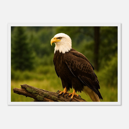 Guardian of the Heights Adler Poster mit weißem Holzrahmen – majestätischer Weißkopfseeadler als Wandkunst.