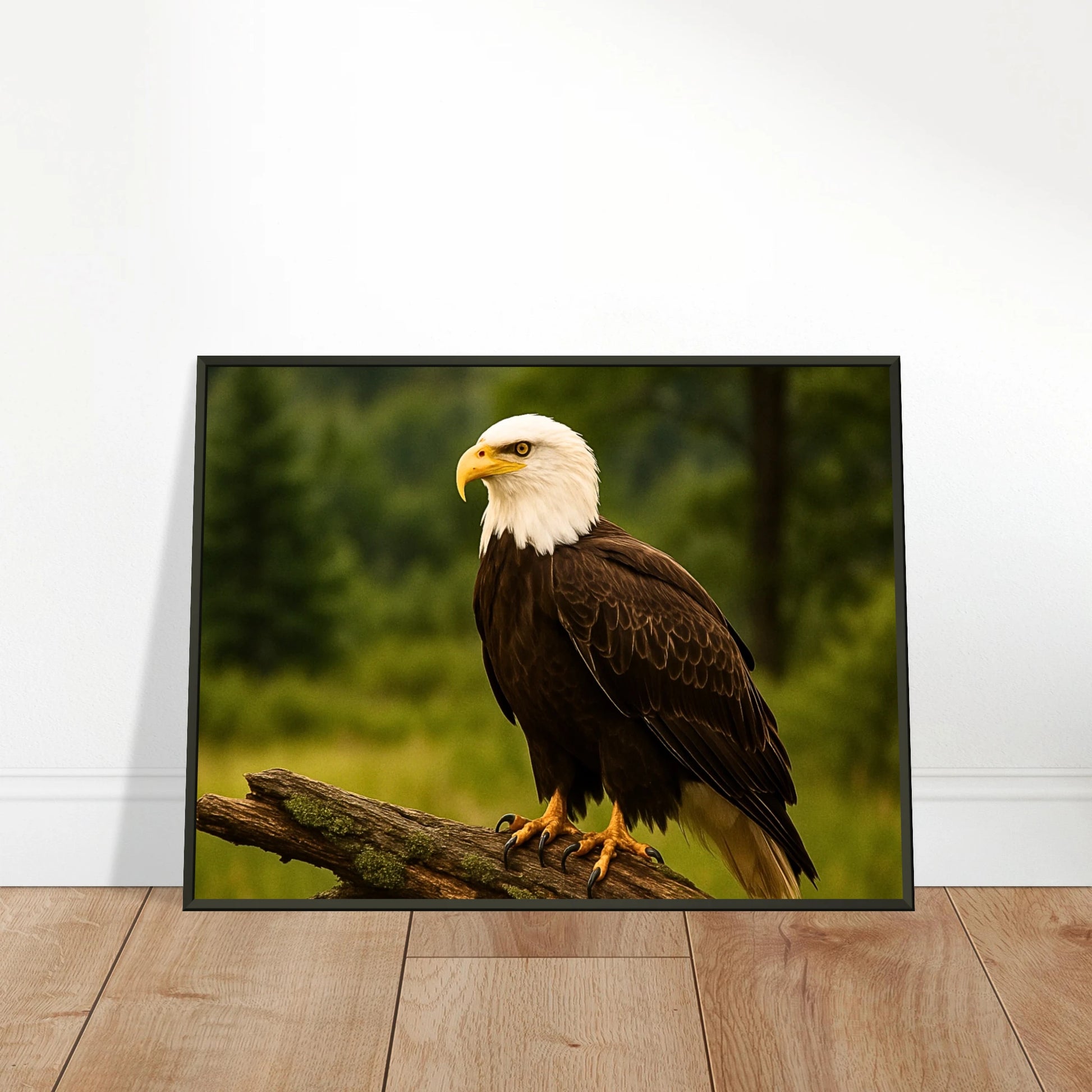 Guardian of the Heights Poster mit Adlermotiv, angelehnt an Wand auf Holzfläche – moderne Tierkunst mit Symbolik der Freiheit.