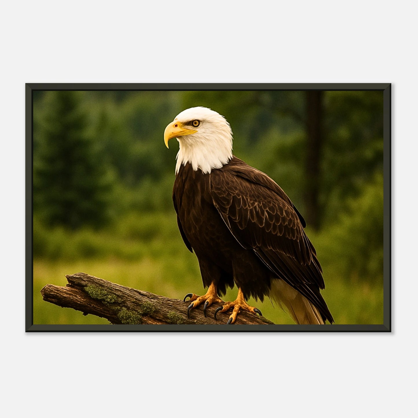 Schrägansicht des Guardian of the Heights Posters – stolzer Weißkopfseeadler auf Baumstamm, leuchtende Farben und edler schwarzer Metallrahmen.