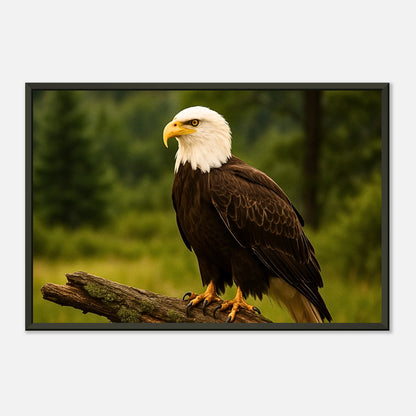 Schrägansicht des Guardian of the Heights Posters – stolzer Weißkopfseeadler auf Baumstamm, leuchtende Farben und edler schwarzer Metallrahmen.