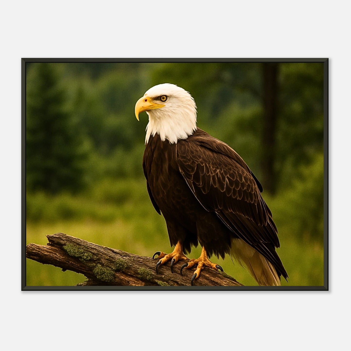 Guardian of the Heights – majestätisches Adlerposter mit mächtigem Weißkopfseeadler auf Ast, im schwarzen Metallrahmen – Symbol für Freiheit und Stärke von Defa Designs.