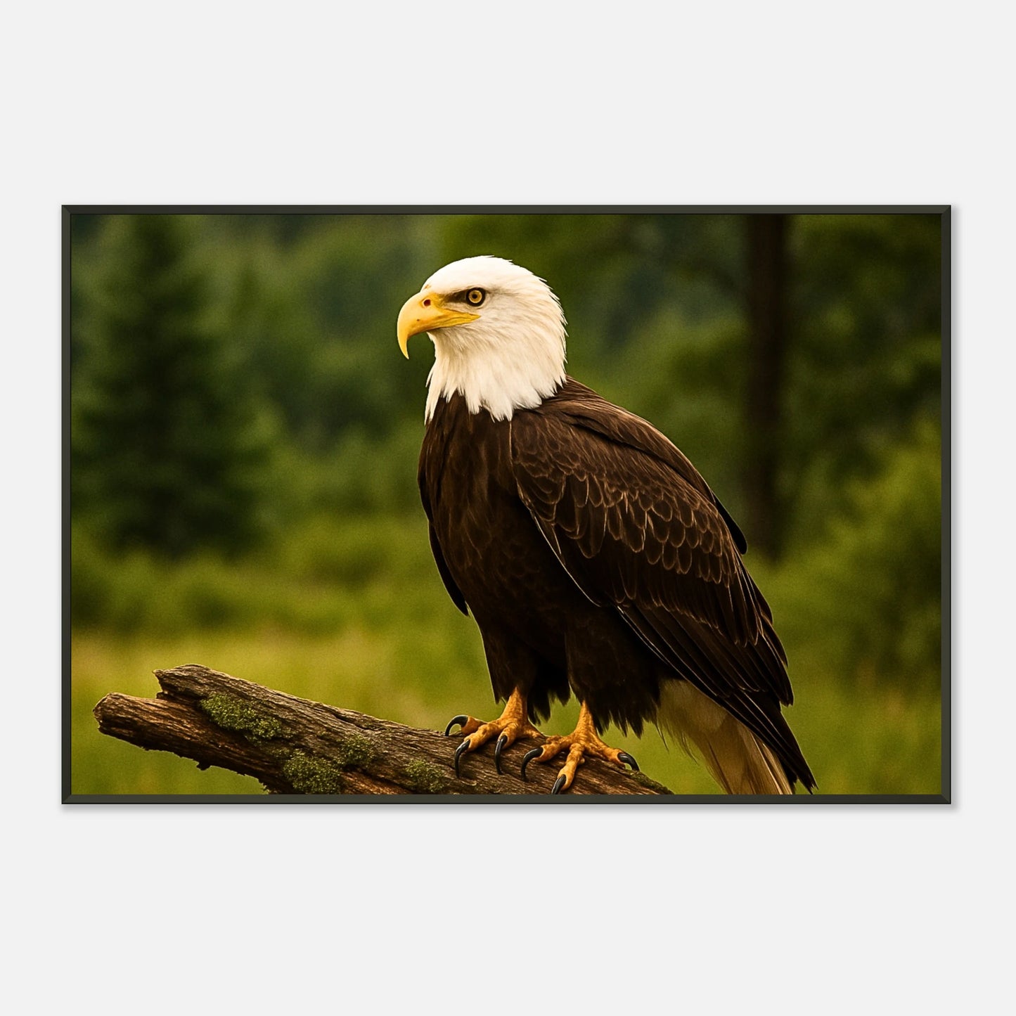 Seitliche Ansicht des Guardian of the Heights Posters mit imposantem Adlermotiv und tiefgrünem Naturhintergrund im eleganten schwarzen Metallrahmen.